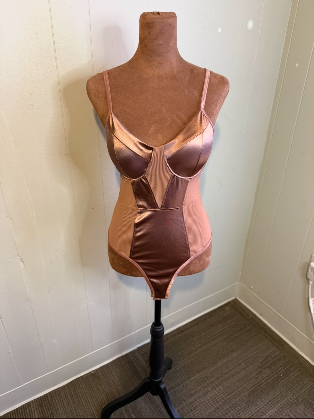 BOZZOLO Metallic Rose Gold Corset Bodysuit Size M